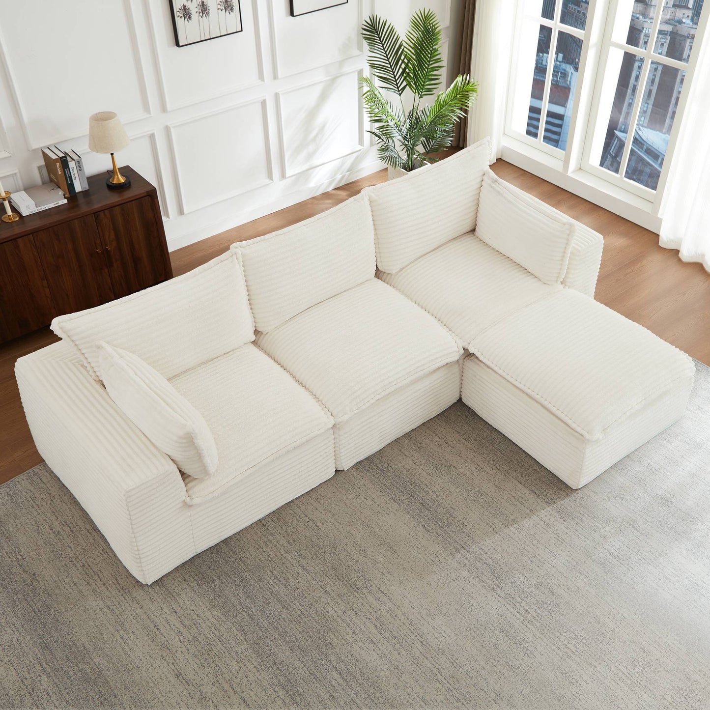 Corduroy Compression Sofa — 2/4/6-Seat — White / 4-Seat