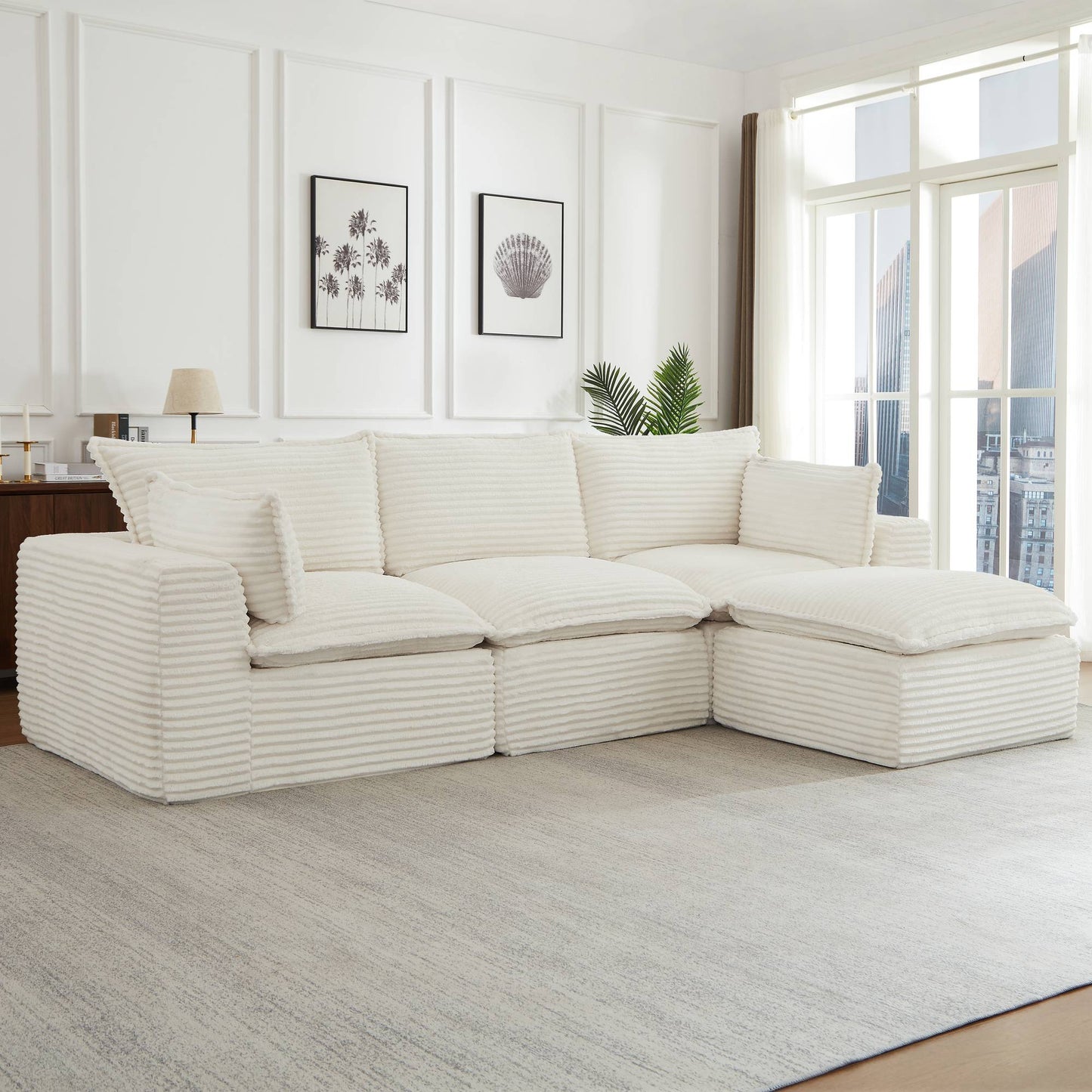 Corduroy Compression Sofa — 2/4/6-Seat — White / 4-Seat