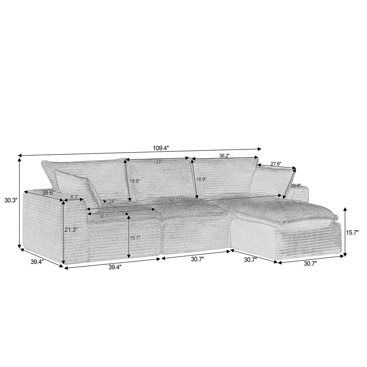 Corduroy Compression Sofa — 2/4/6-Seat — White / 4-Seat