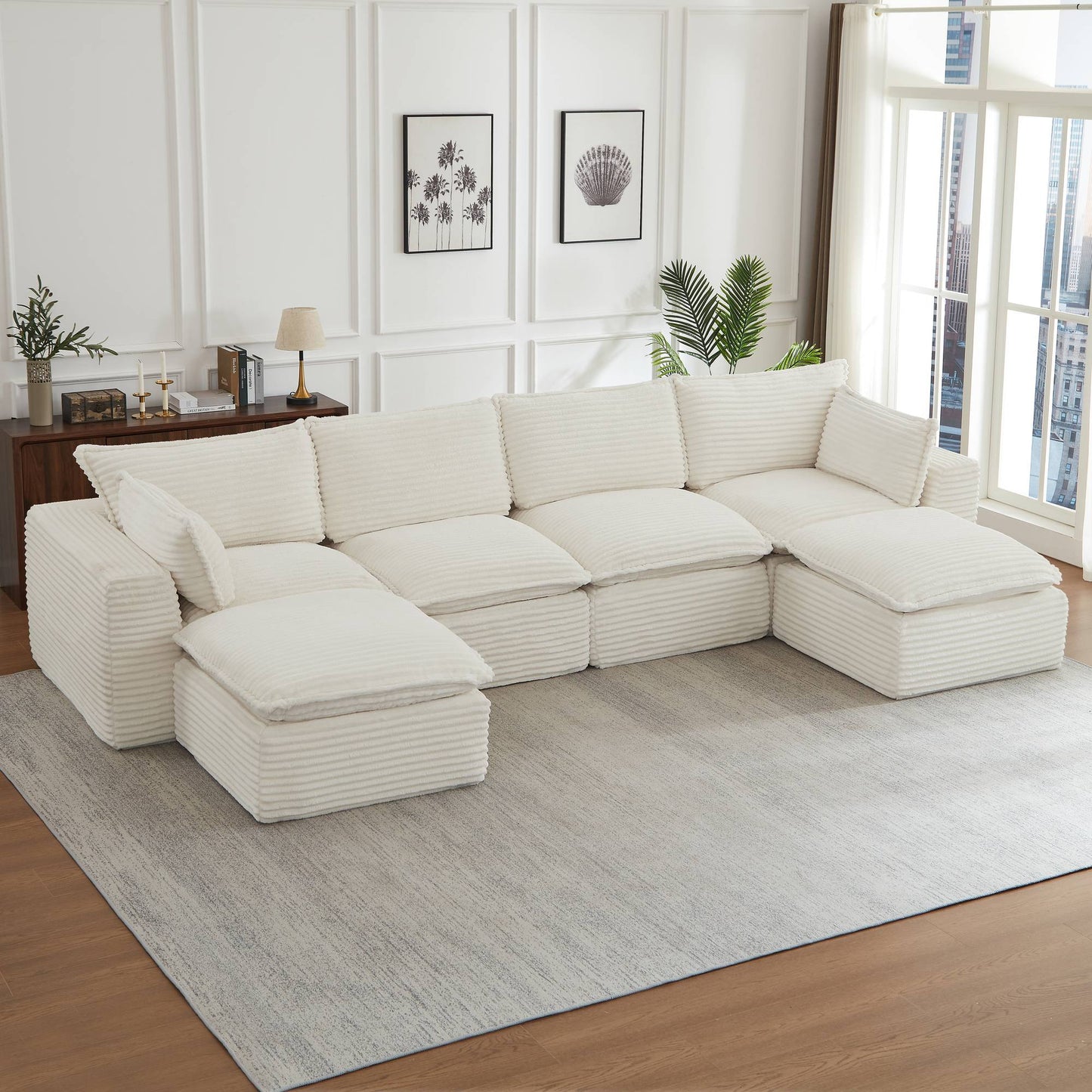Corduroy Compression Sofa — 2/4/6-Seat — White / 6-Seat