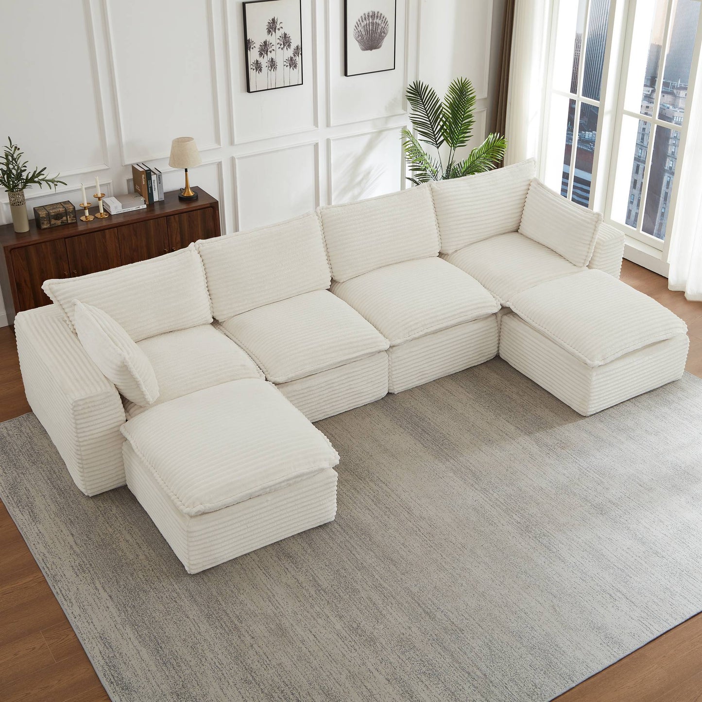 Corduroy Compression Sofa — 2/4/6-Seat — White / 6-Seat