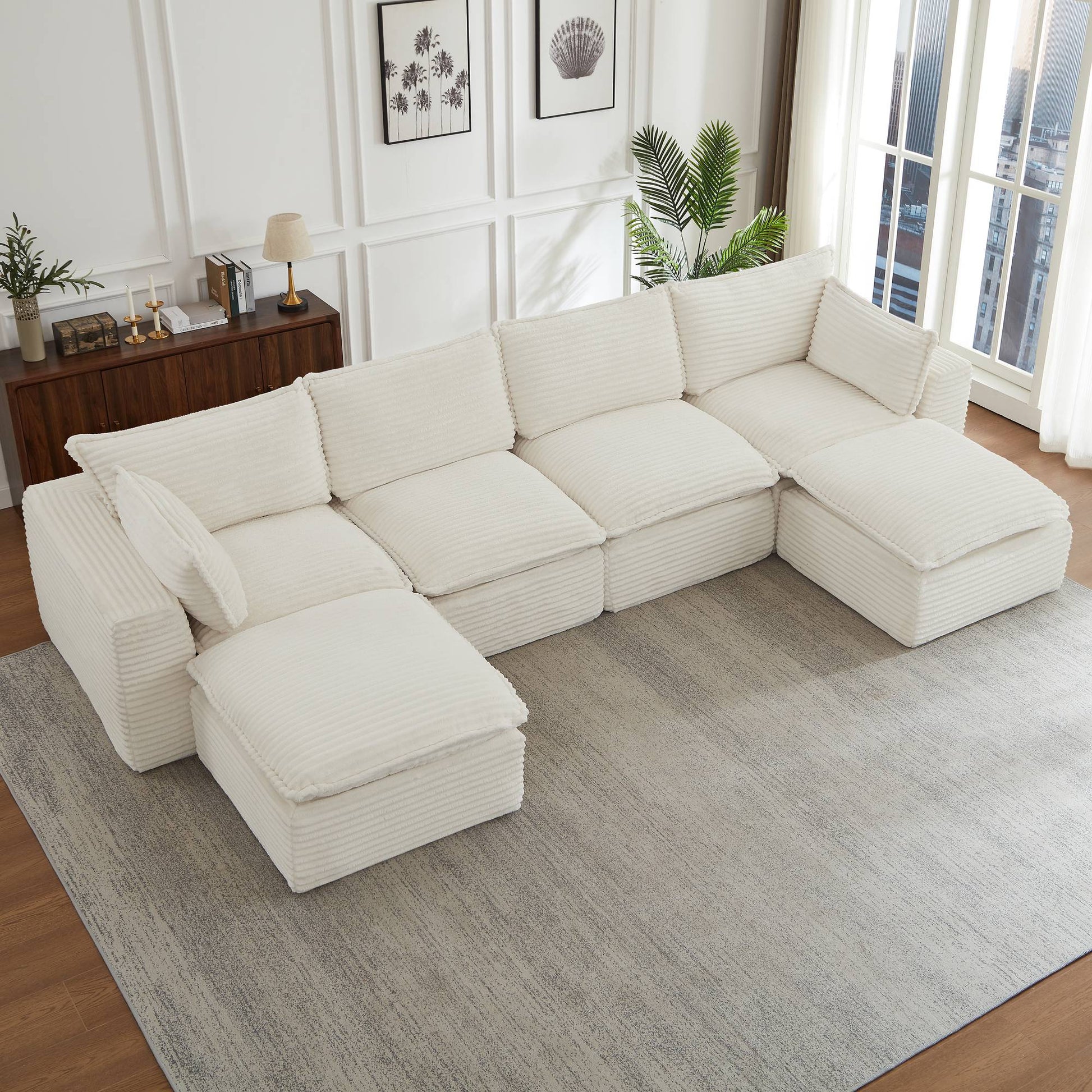 Corduroy Compression Sofa — 2/4/6-Seat — White / 6-Seat