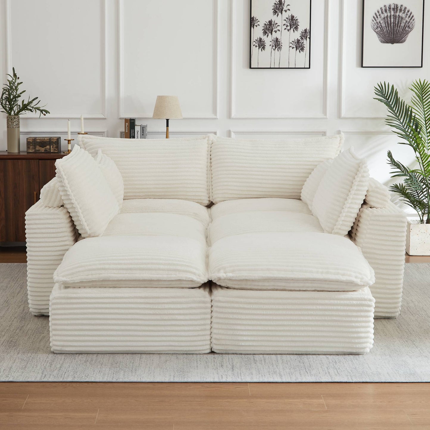 Corduroy Compression Sofa — 2/4/6-Seat — White / 6-Seat