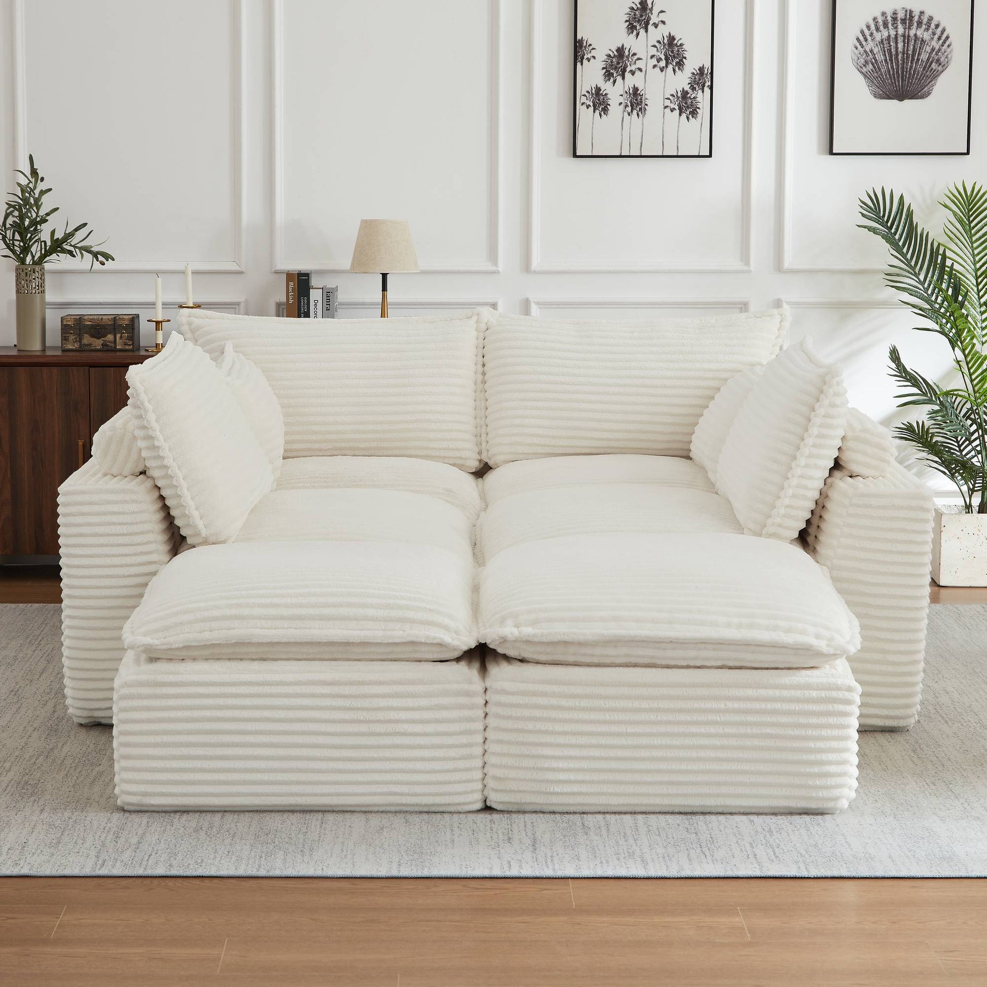 Corduroy Compression Sofa — 2/4/6-Seat — White / 6-Seat