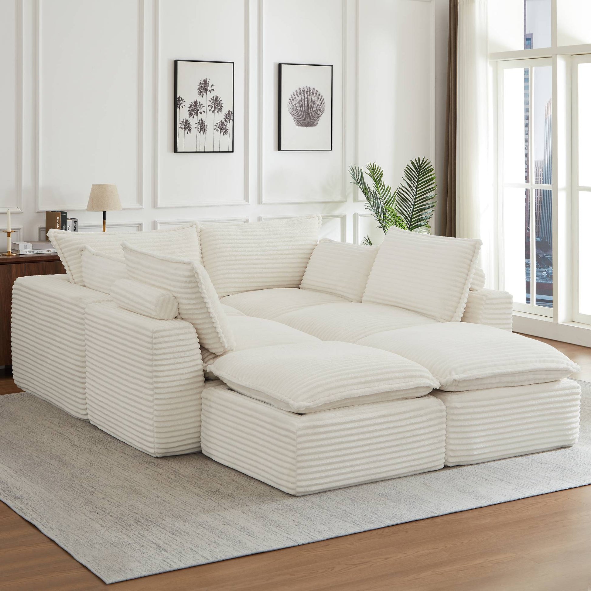 Corduroy Compression Sofa — 2/4/6-Seat — White / 6-Seat