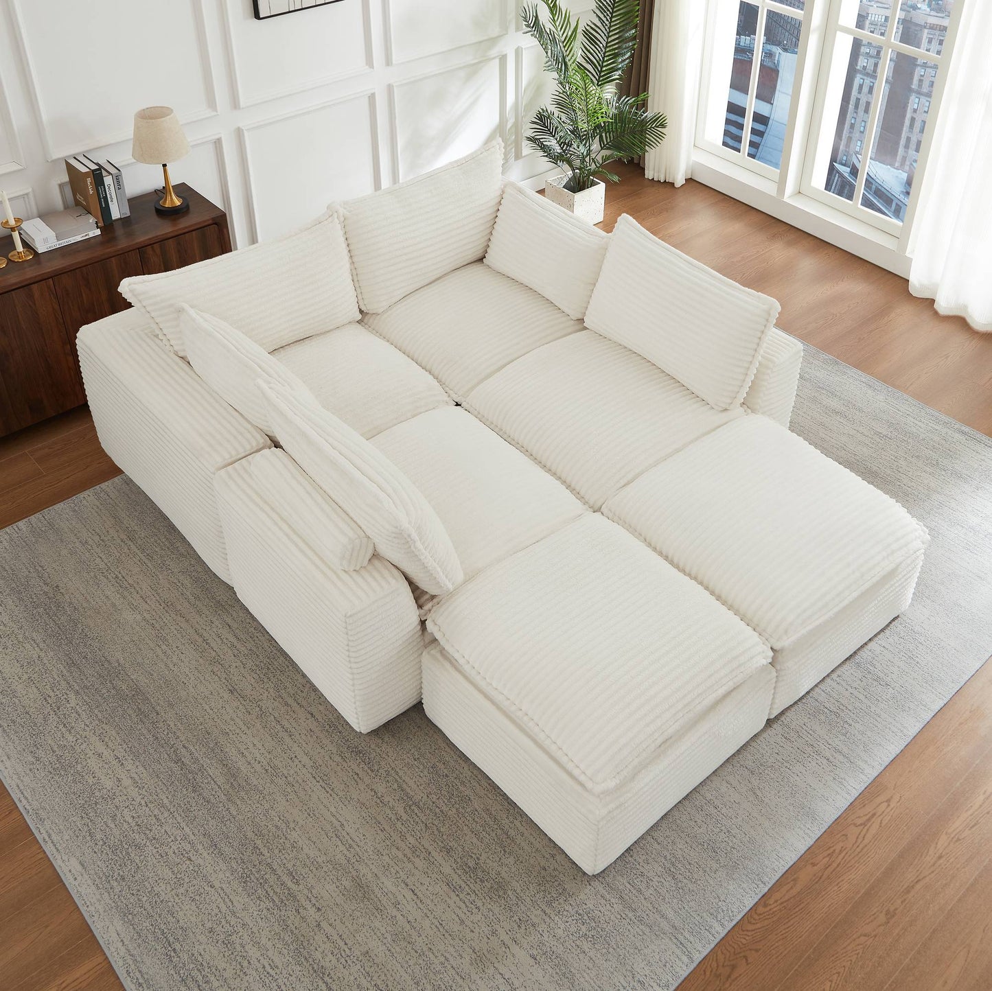 Corduroy Compression Sofa — 2/4/6-Seat — White / 6-Seat