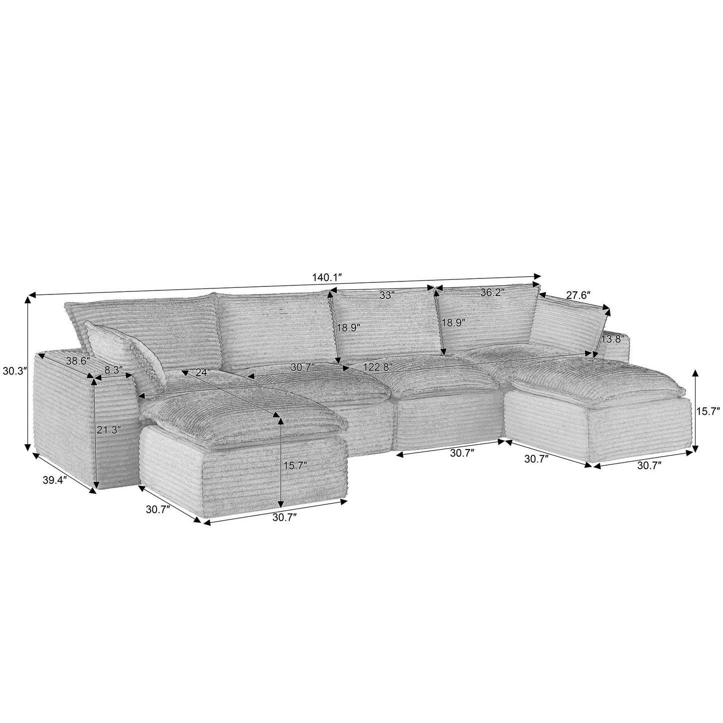 Corduroy Compression Sofa — 2/4/6-Seat — White / 6-Seat