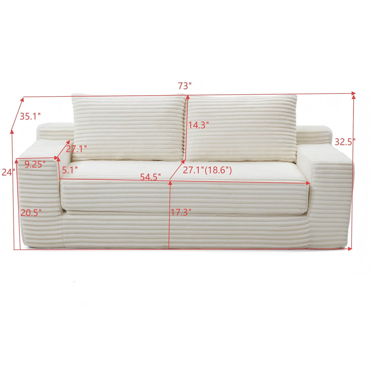 Corduroy Boneless Sofa Bed, 3-Seat, 73"W, sofa mode measurements — dimensions — Beige