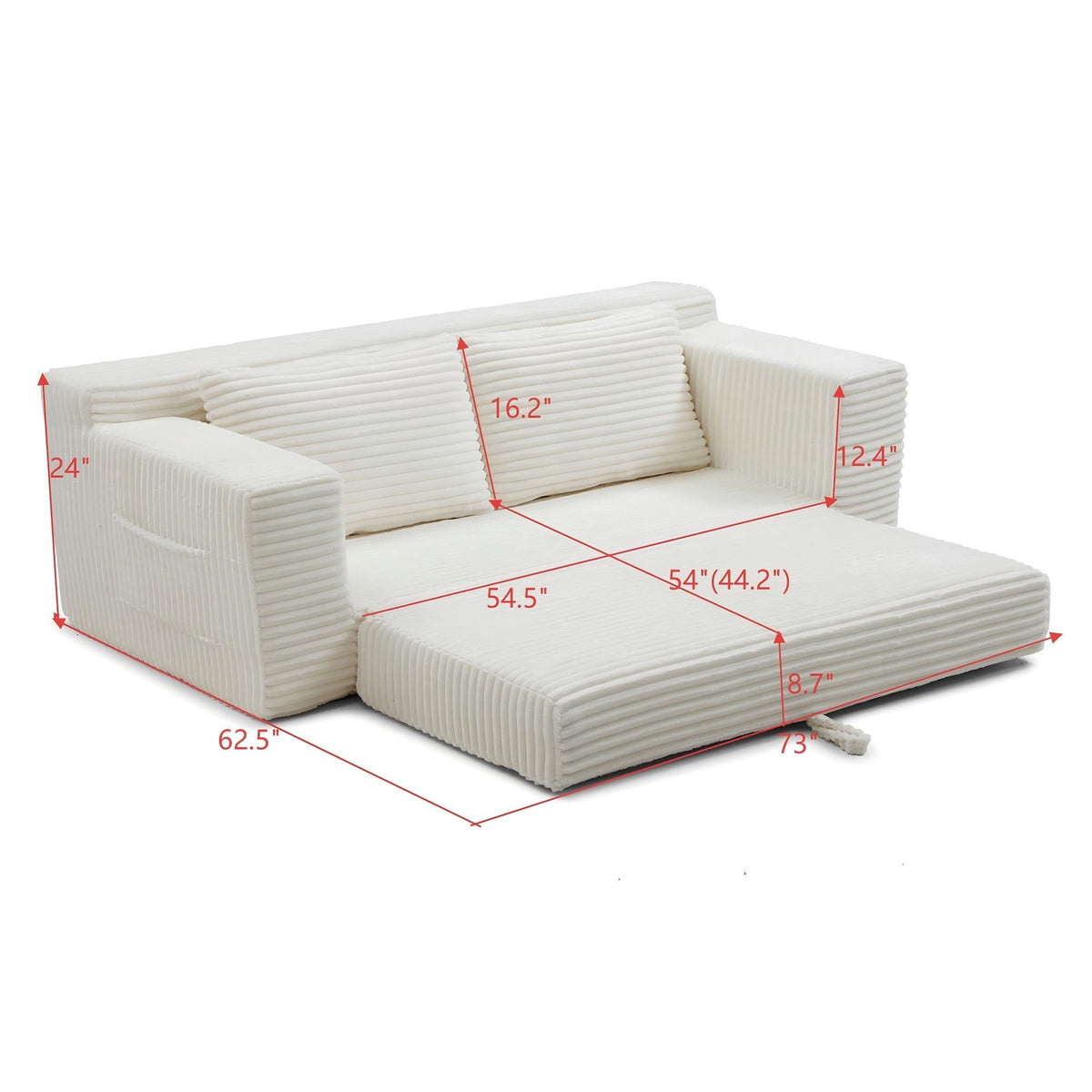 Corduroy Boneless Sofa Bed, 3-Seat, 73"W, bed mode measurements — dimensions — Beige