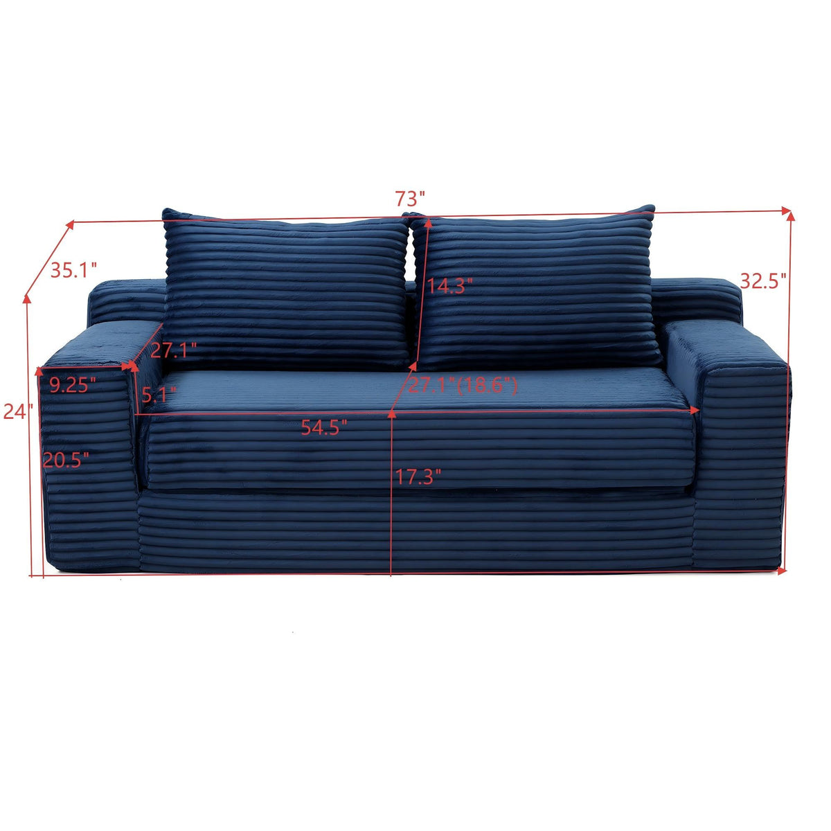 Corduroy Boneless Sofa Bed, 3-Seat, 73"W, sofa mode measurements — dimensions — Blue