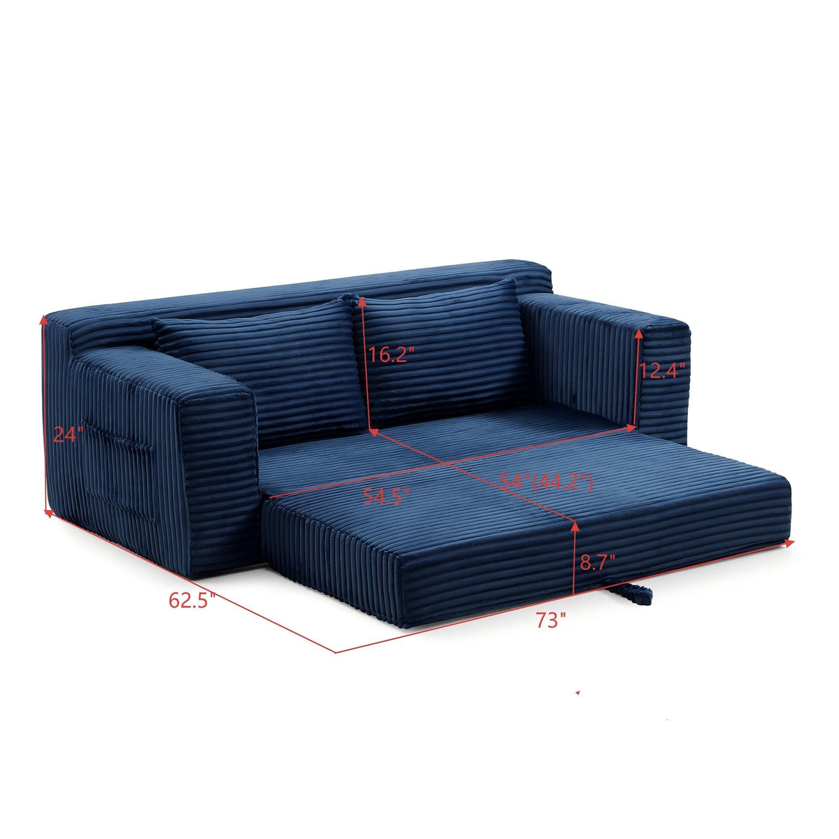 Corduroy Boneless Sofa Bed, 3-Seat, 73"W, bed mode measurements — dimensions — Blue