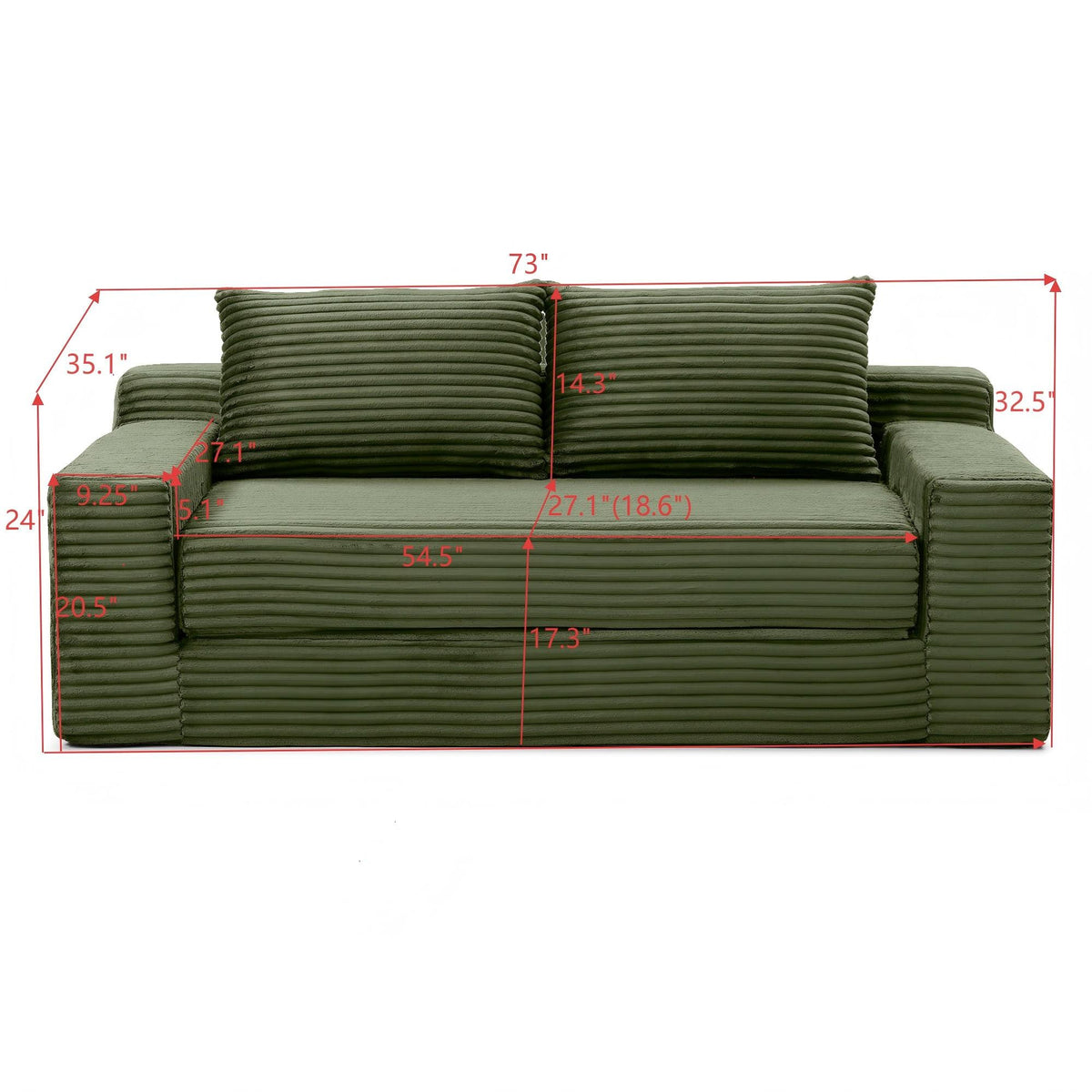 Corduroy Boneless Sofa Bed, 3-Seat, 73"W, sofa mode measurements — dimensions — Green
