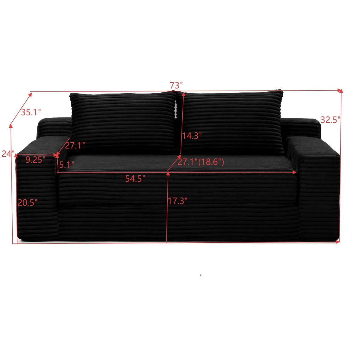 Corduroy Boneless Sofa Bed, 3-Seat, 73"W, sofa mode measurements — dimensions — Grey