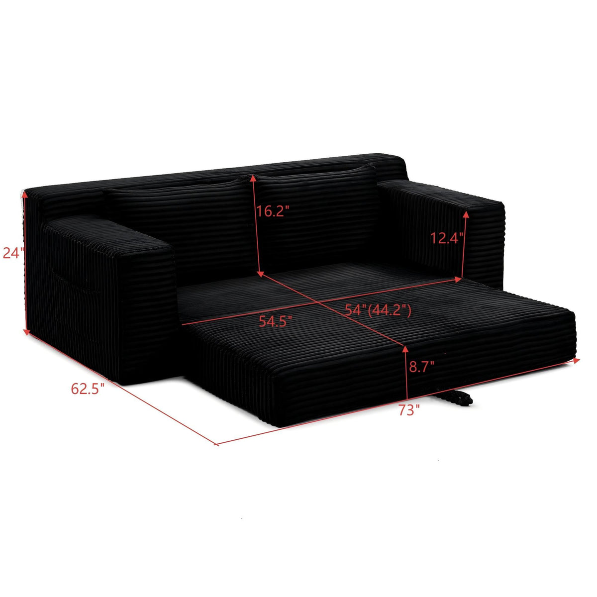 Corduroy Boneless Sofa Bed, 3-Seat, 73"W, bed mode measurements — dimensions — Grey