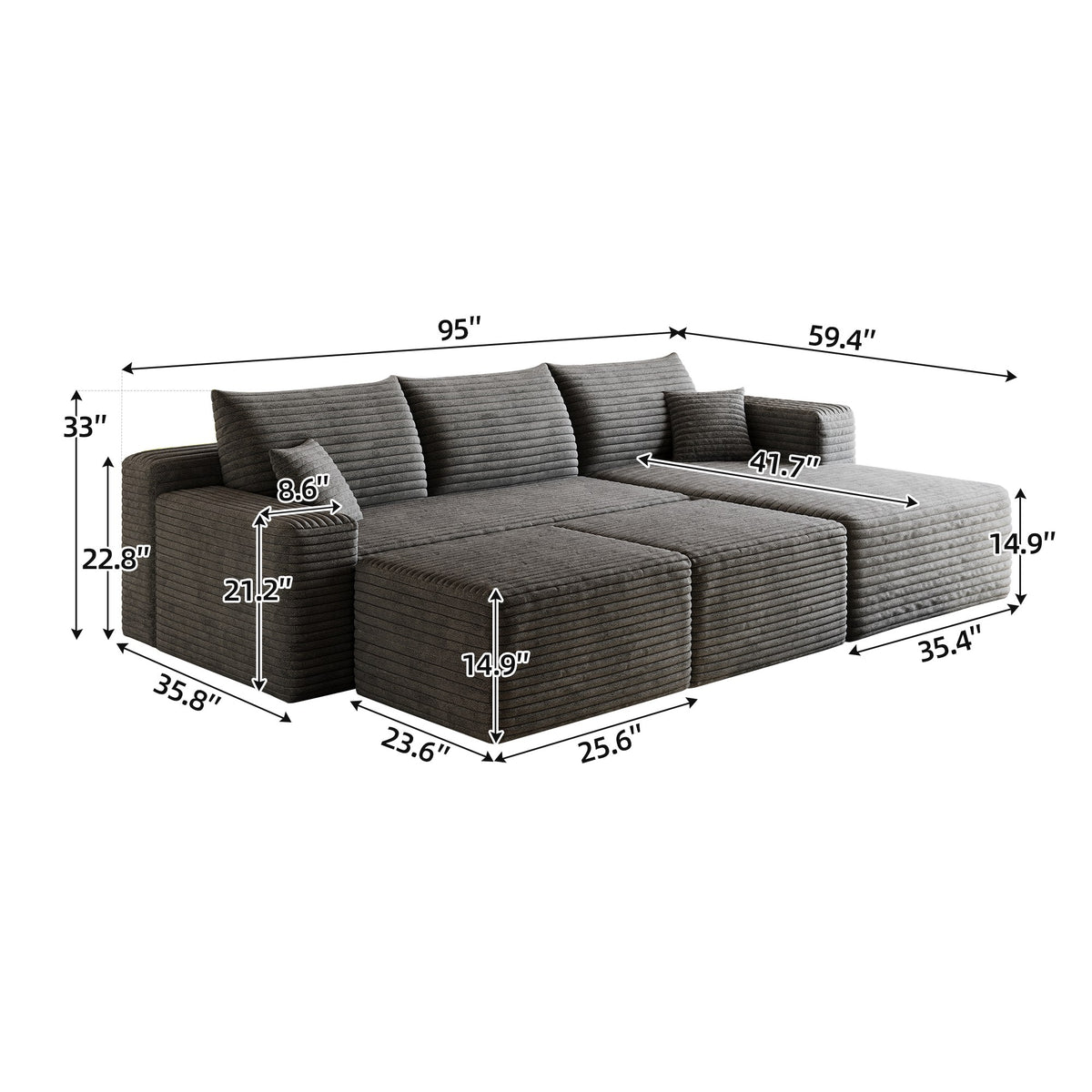 Corduroy Spring-Core Boneless Sectional with 2 Ottomans, 95"W dimensions — dimensions — Black