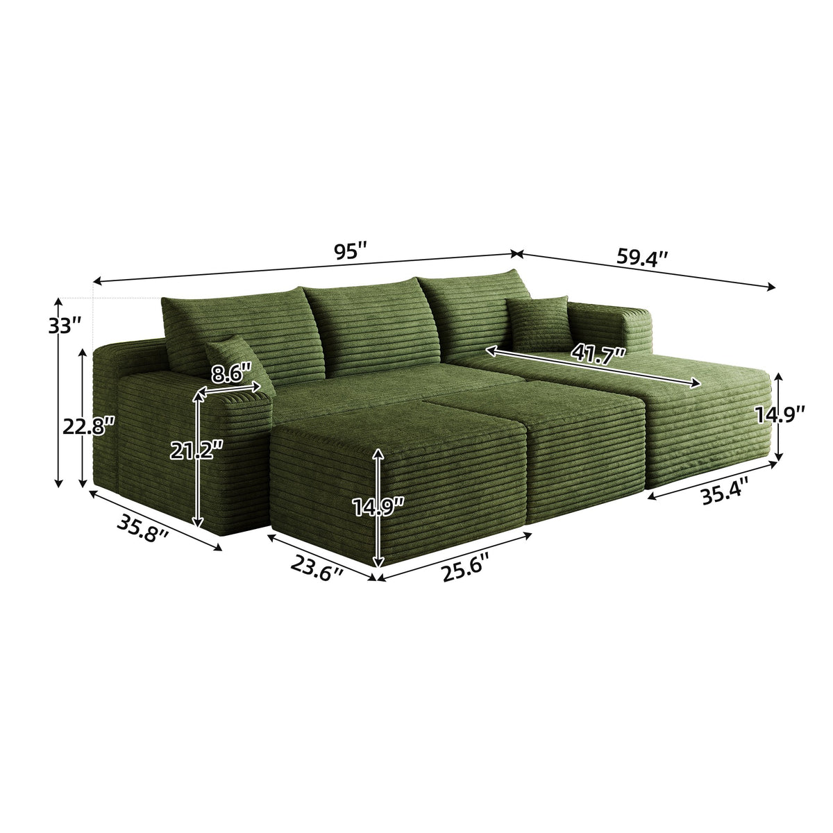 Corduroy Spring-Core Boneless Sectional with 2 Ottomans, 95"W dimensions — dimensions — Green