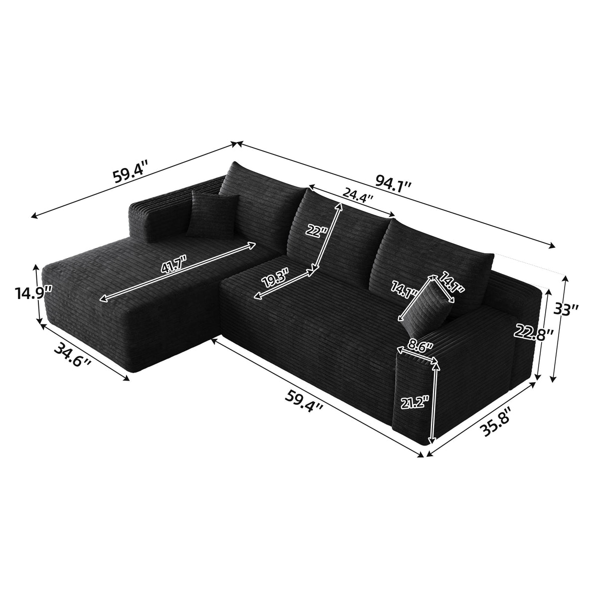 Dimensions: 94.1 in wide, 59.4 in deep, 33 in high, 14.9 in seat height, 41.7 in chaise depth, angled view — Black / Left-Facing