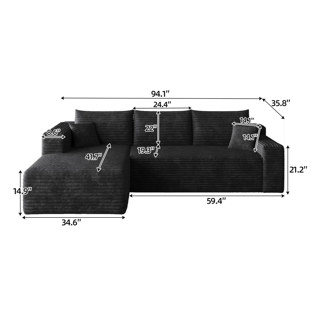 Dimensions: 94.1 in wide, 59.4 in deep, 33 in high, 14.9 in seat height, 41.7 in chaise depth — Black / Left-Facing