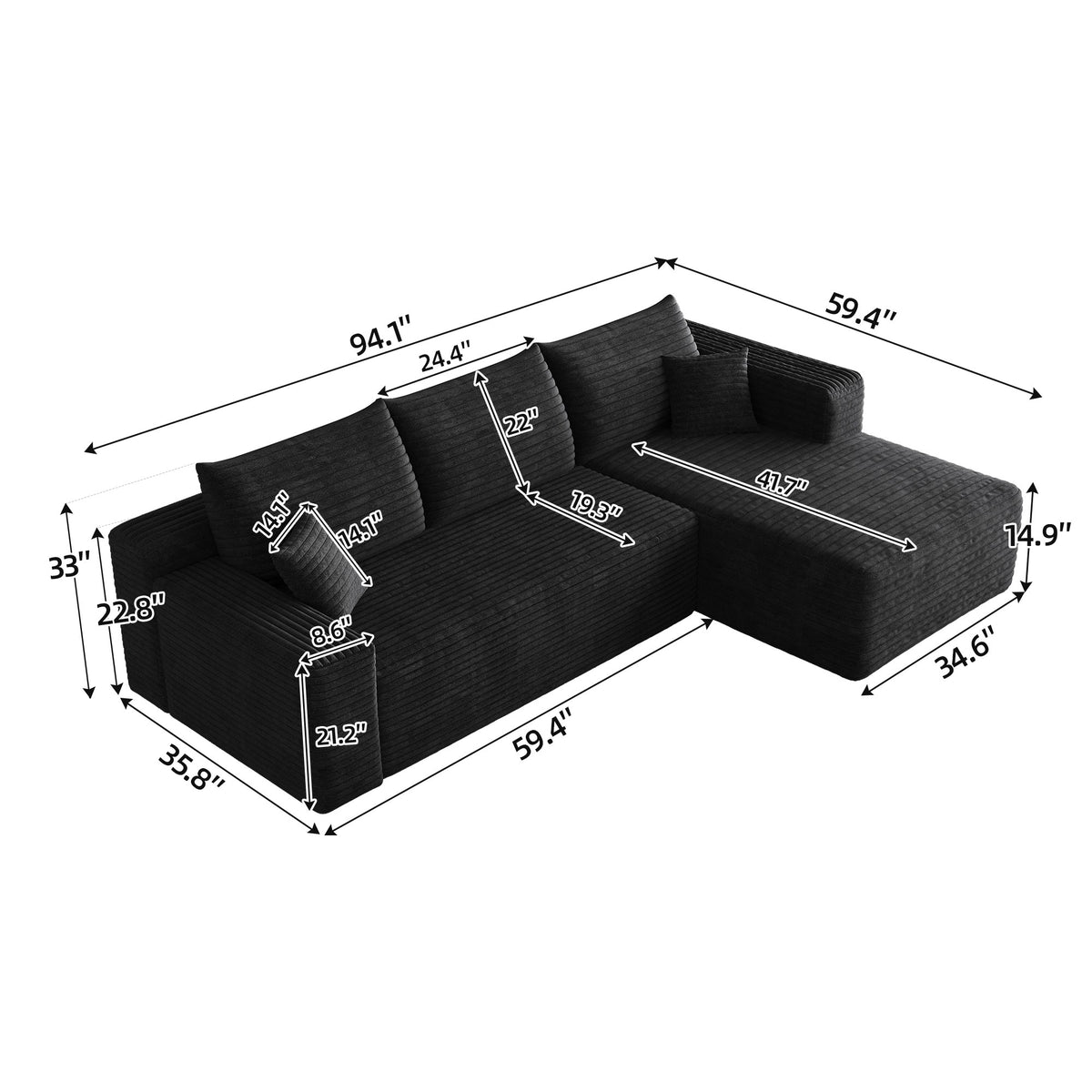 Dimensions: 94.1 in wide, 59.4 in deep, 33 in high, 14.9 in seat height, 41.7 in chaise depth, angled view — Black / Right-Facing