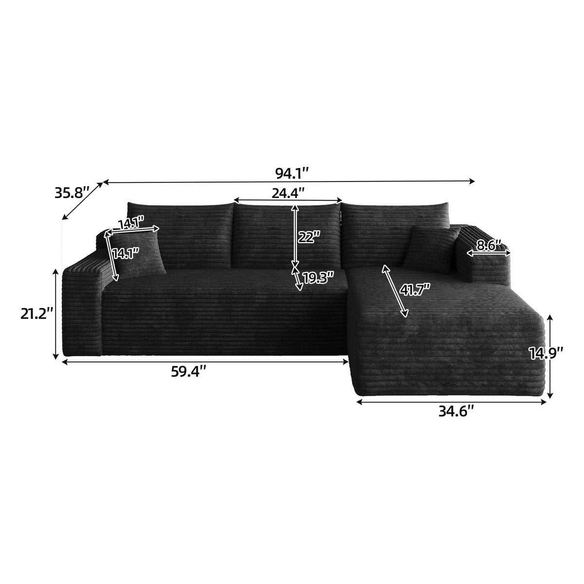 Dimensions: 94.1 in wide, 59.4 in deep, 33 in high, 14.9 in seat height, 41.7 in chaise depth — Black / Right-Facing