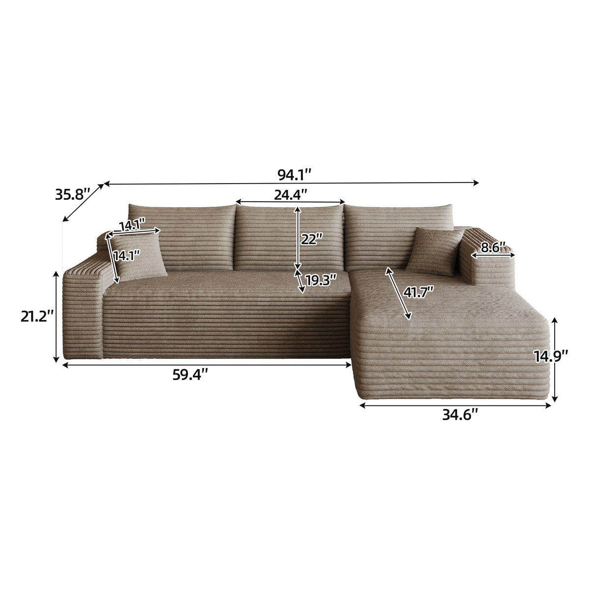 Dimensions: 94.1 in wide, 59.4 in deep, 33 in high, 14.9 in seat height, 41.7 in chaise depth, angled view — Camel / Right-Facing