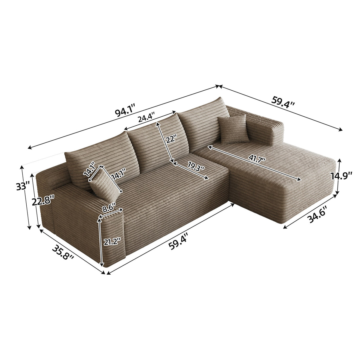 Dimensions: 94.1 in wide, 59.4 in deep, 33 in high, 14.9 in seat height, 41.7 in chaise depth — Camel / Right-Facing