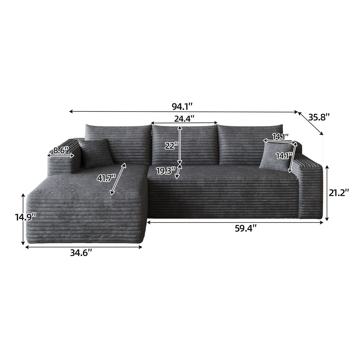 Dimensions: 94.1 in wide, 59.4 in deep, 33 in high, 14.9 in seat height, 41.7 in chaise depth, angled view — Dark Grey / Left-Facing
