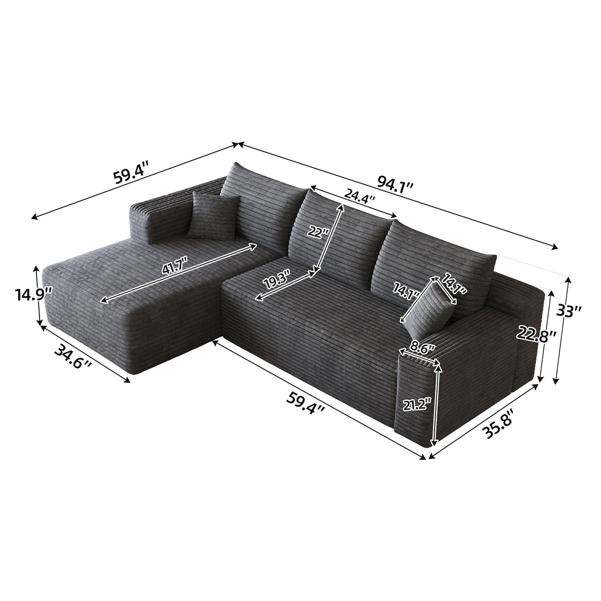 Dimensions: 94.1 in wide, 59.4 in deep, 33 in high, 14.9 in seat height, 41.7 in chaise depth — Dark Grey / Left-Facing