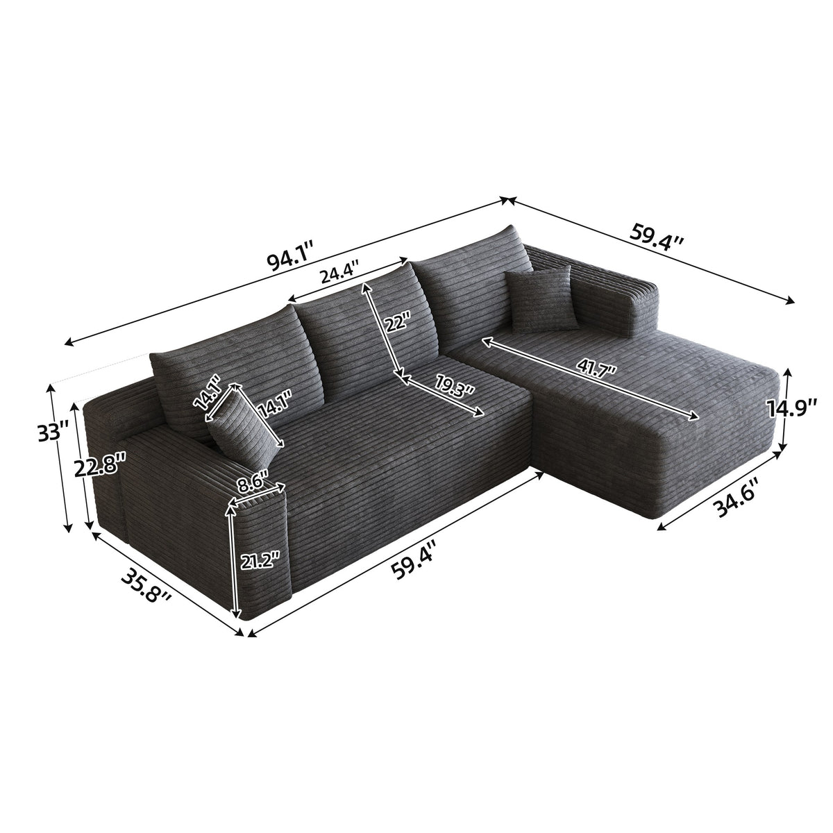 Dimensions: 94.1 in wide, 59.4 in deep, 33 in high, 14.9 in seat height, 41.7 in chaise depth, angled view — Dark Grey / Right-Facing