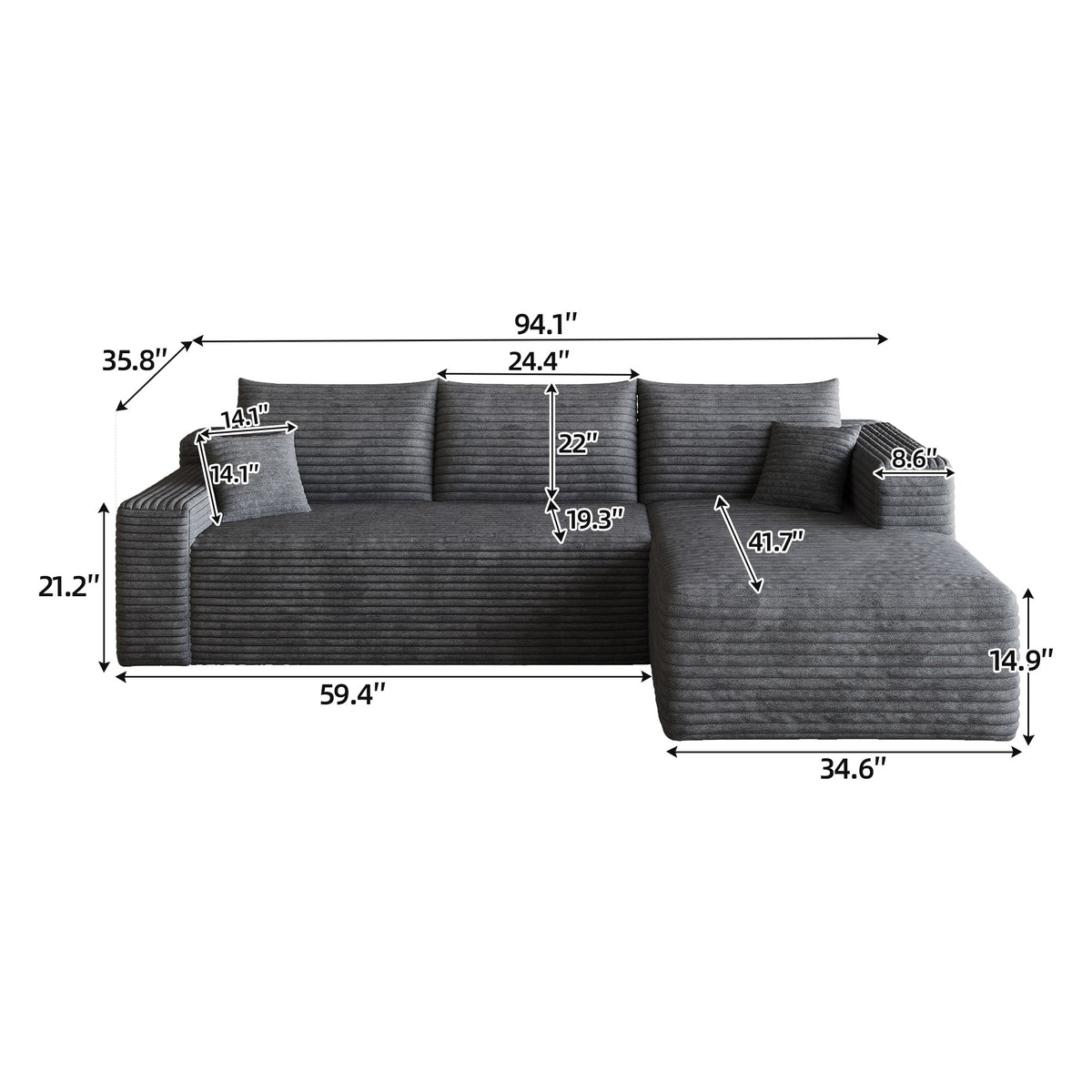 Dimensions: 94.1 in wide, 59.4 in deep, 33 in high, 14.9 in seat height, 41.7 in chaise depth — Dark Grey / Right-Facing