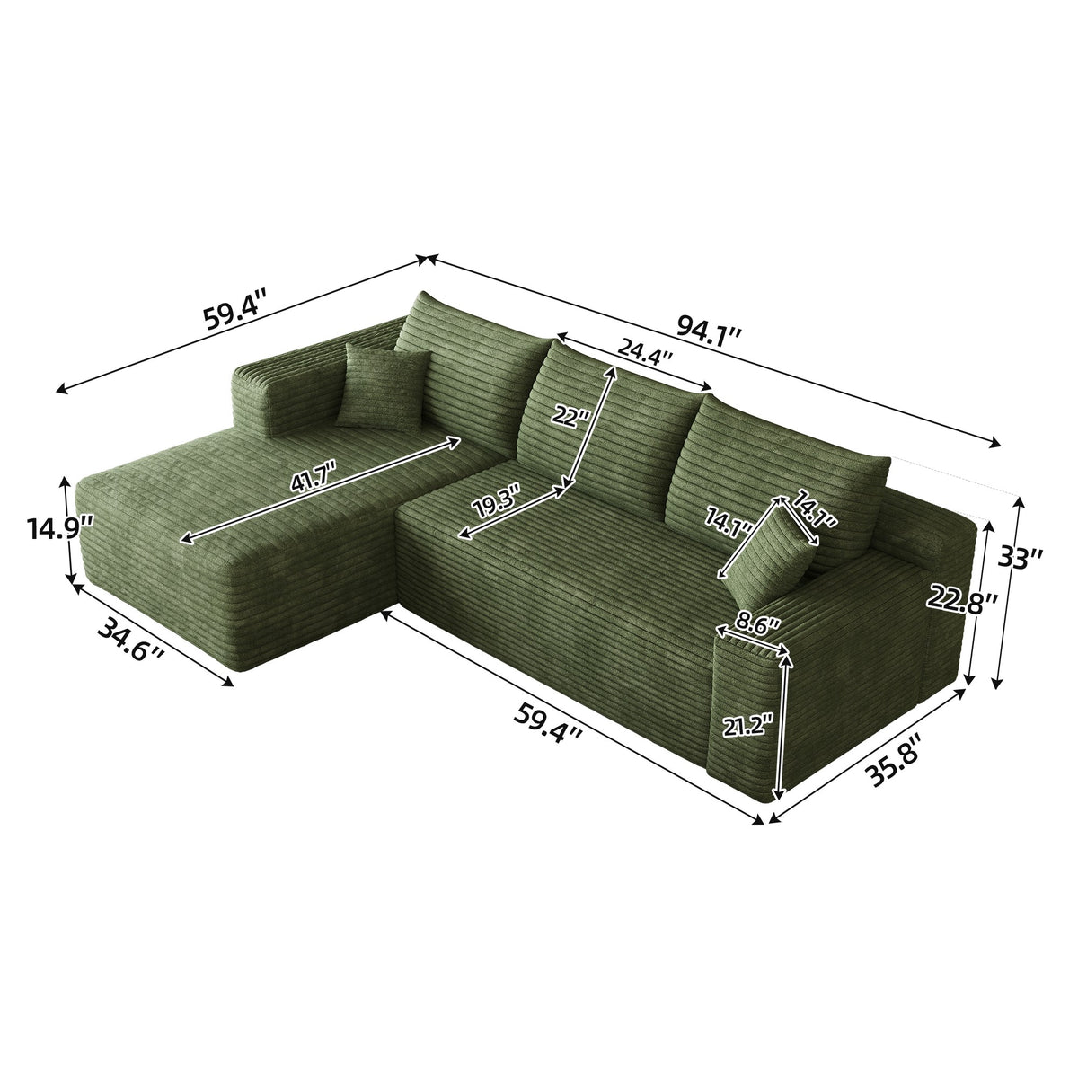 Dimensions: 94.1 in wide, 59.4 in deep, 33 in high, 14.9 in seat height, 41.7 in chaise depth, angled view — Green / Left-Facing