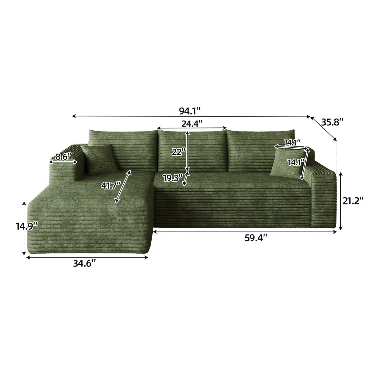 Dimensions: 94.1 in wide, 59.4 in deep, 33 in high, 14.9 in seat height, 41.7 in chaise depth — Green / Left-Facing