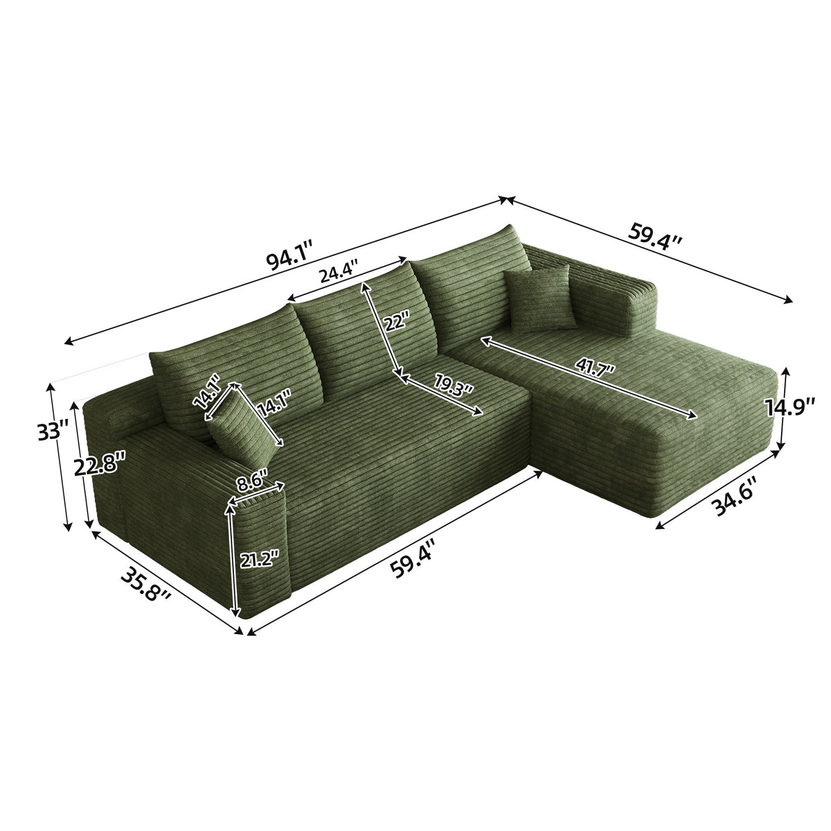 Dimensions: 94.1 in wide, 59.4 in deep, 33 in high, 14.9 in seat height, 41.7 in chaise depth, angled view — Green / Right-Facing