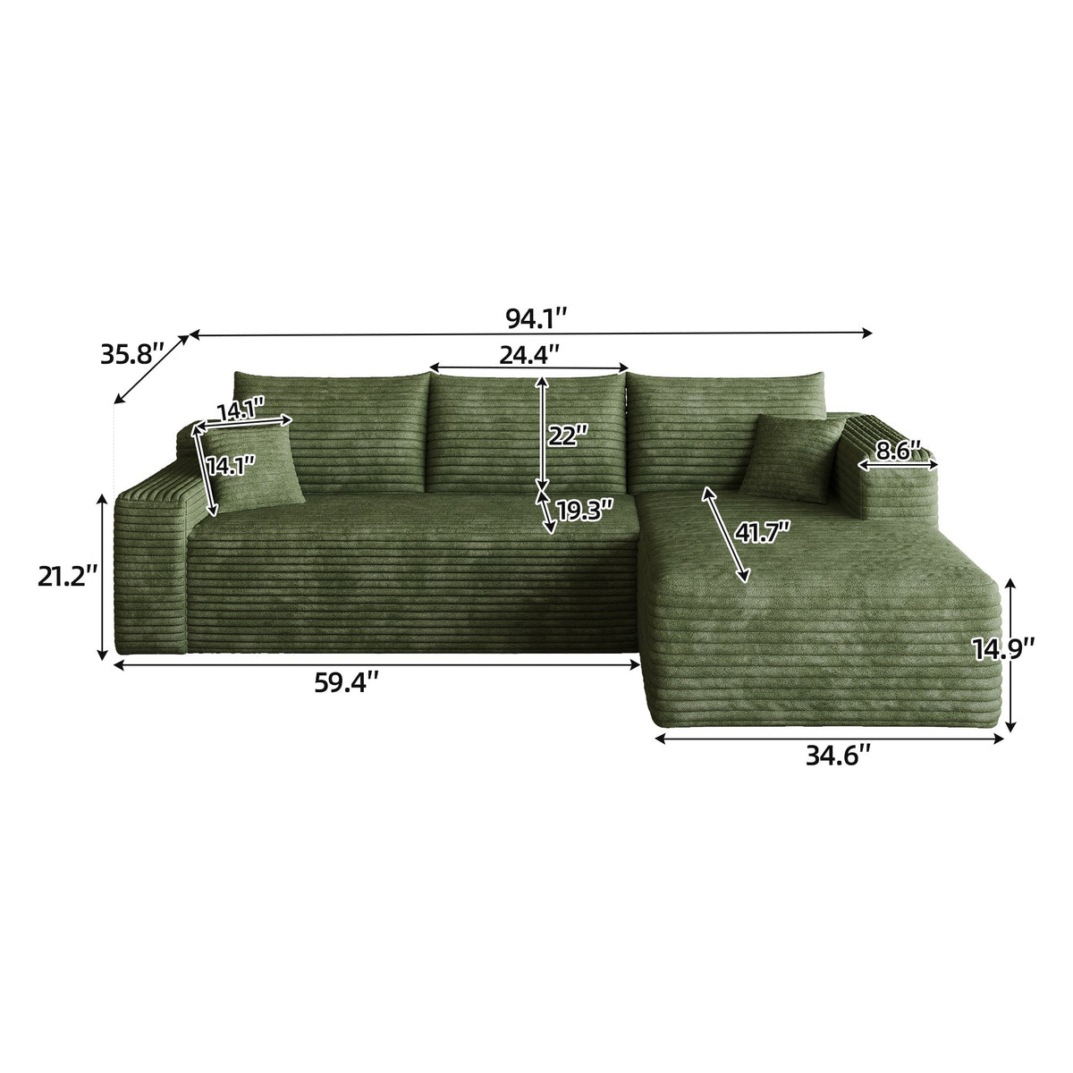 Dimensions: 94.1 in wide, 59.4 in deep, 33 in high, 14.9 in seat height, 41.7 in chaise depth — Green / Right-Facing