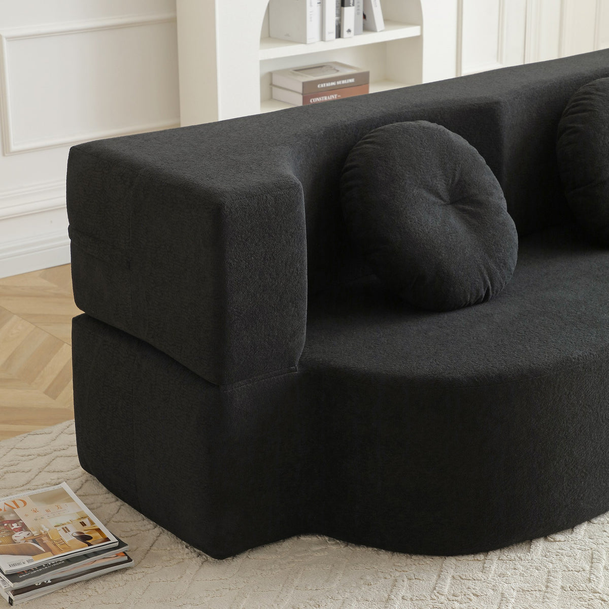 Cotton Linen Boneless Sofa Bed, 2-Seat, detail view — Black