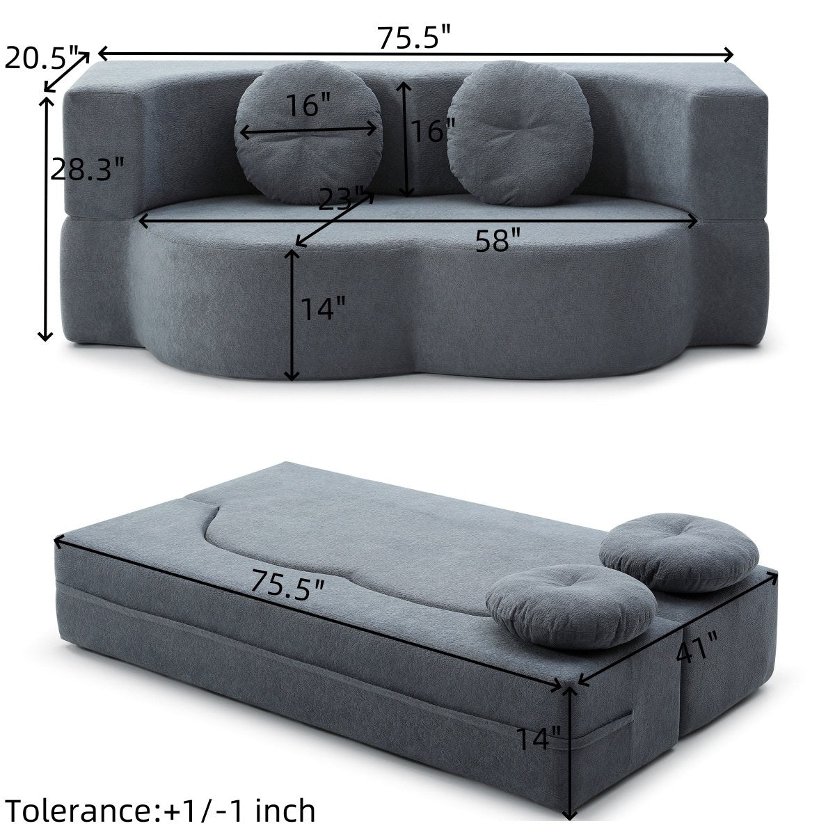 Cotton Linen Boneless Sofa Bed, 2-Seat, sofa and bed mode measurements — dimensions — Grey