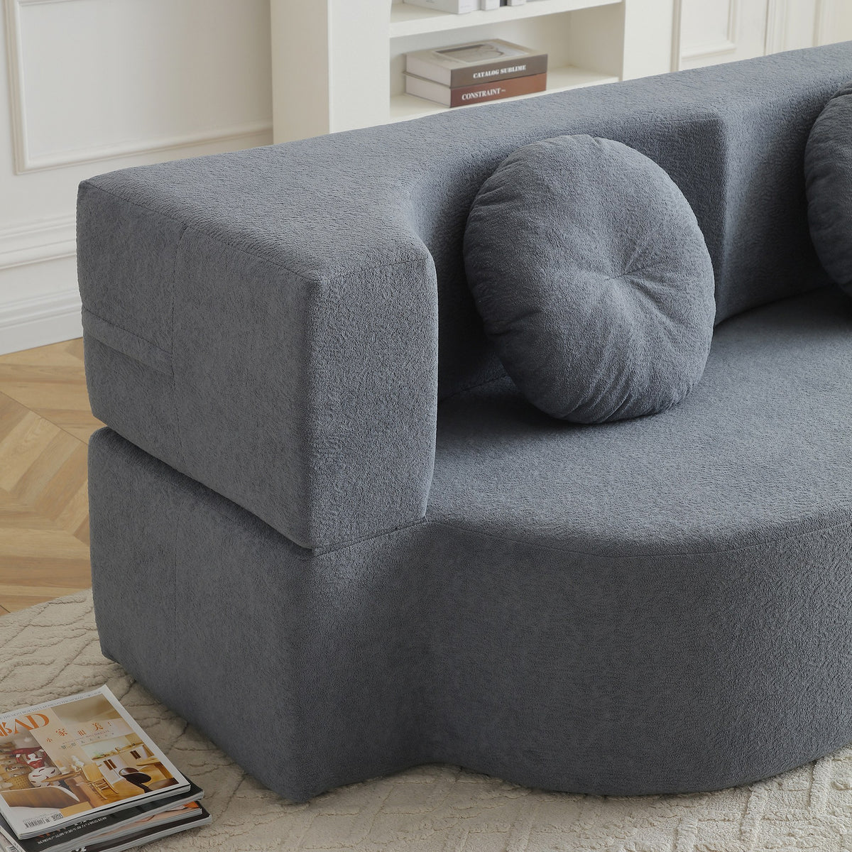 Cotton Linen Boneless Sofa Bed, 2-Seat styled in a room — Grey