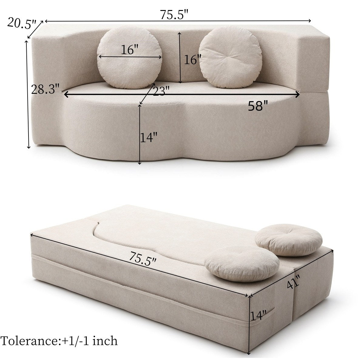 Cotton Linen Boneless Sofa Bed, 2-Seat, sofa and bed mode measurements — dimensions — Khaki