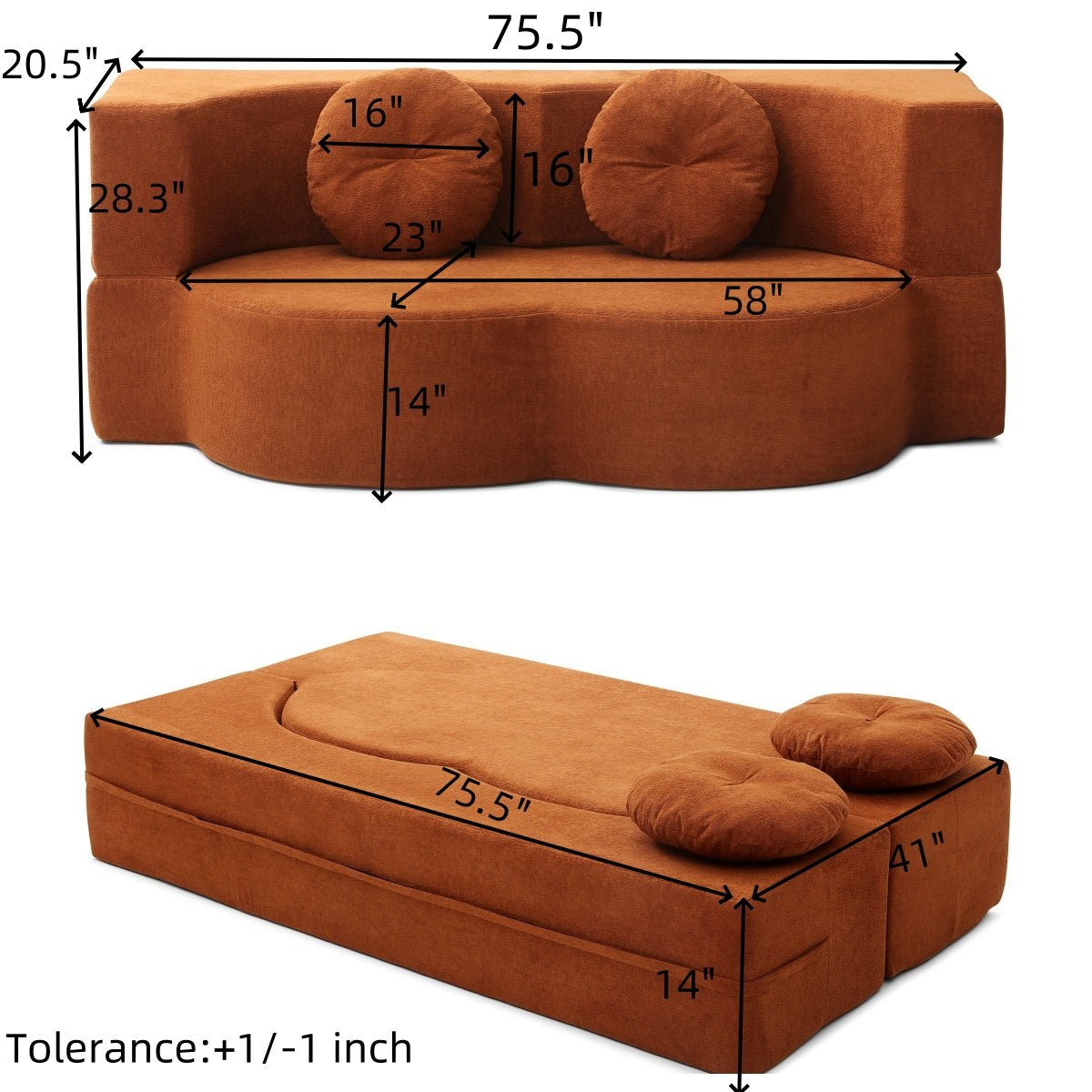 Cotton Linen Boneless Sofa Bed, 2-Seat, sofa and bed mode measurements — dimensions — Orange