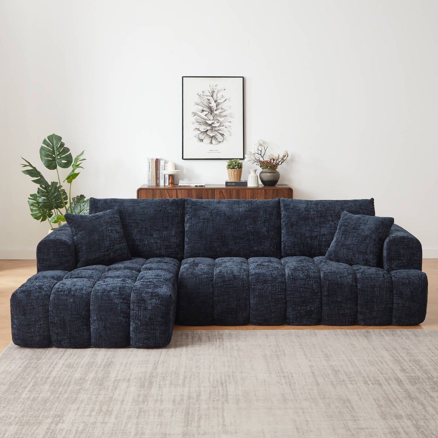 Chenille Spring-Core Compression Sectional — 4-Seat, 108"W — Dark Blue / Right-Facing