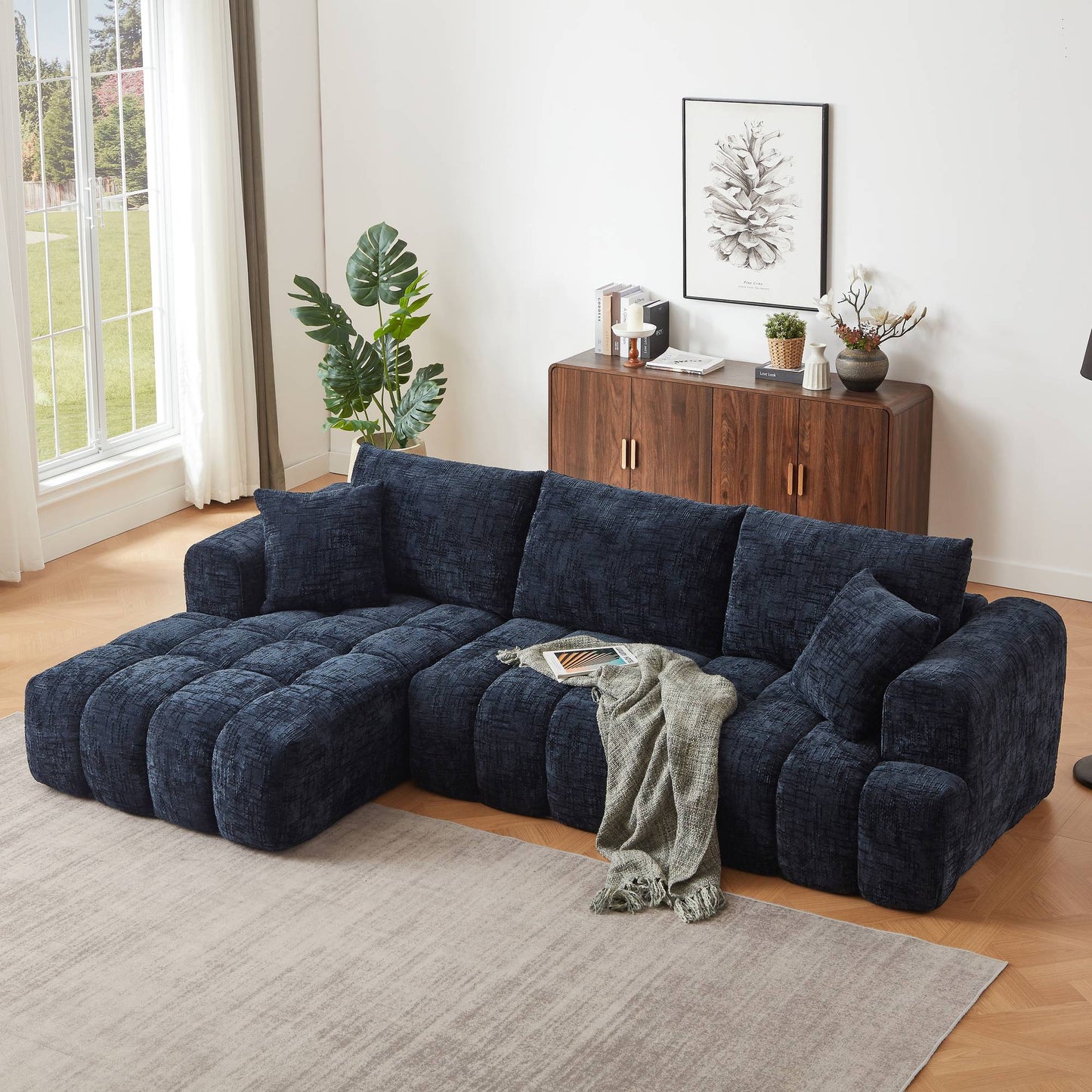 Chenille Spring-Core Compression Sectional — 4-Seat, 108"W — Dark Blue / Left-Facing