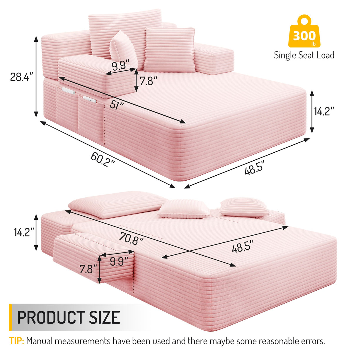 Measurements for the 1 piece fabric boneless couch — Baby Pink / 1 Piece