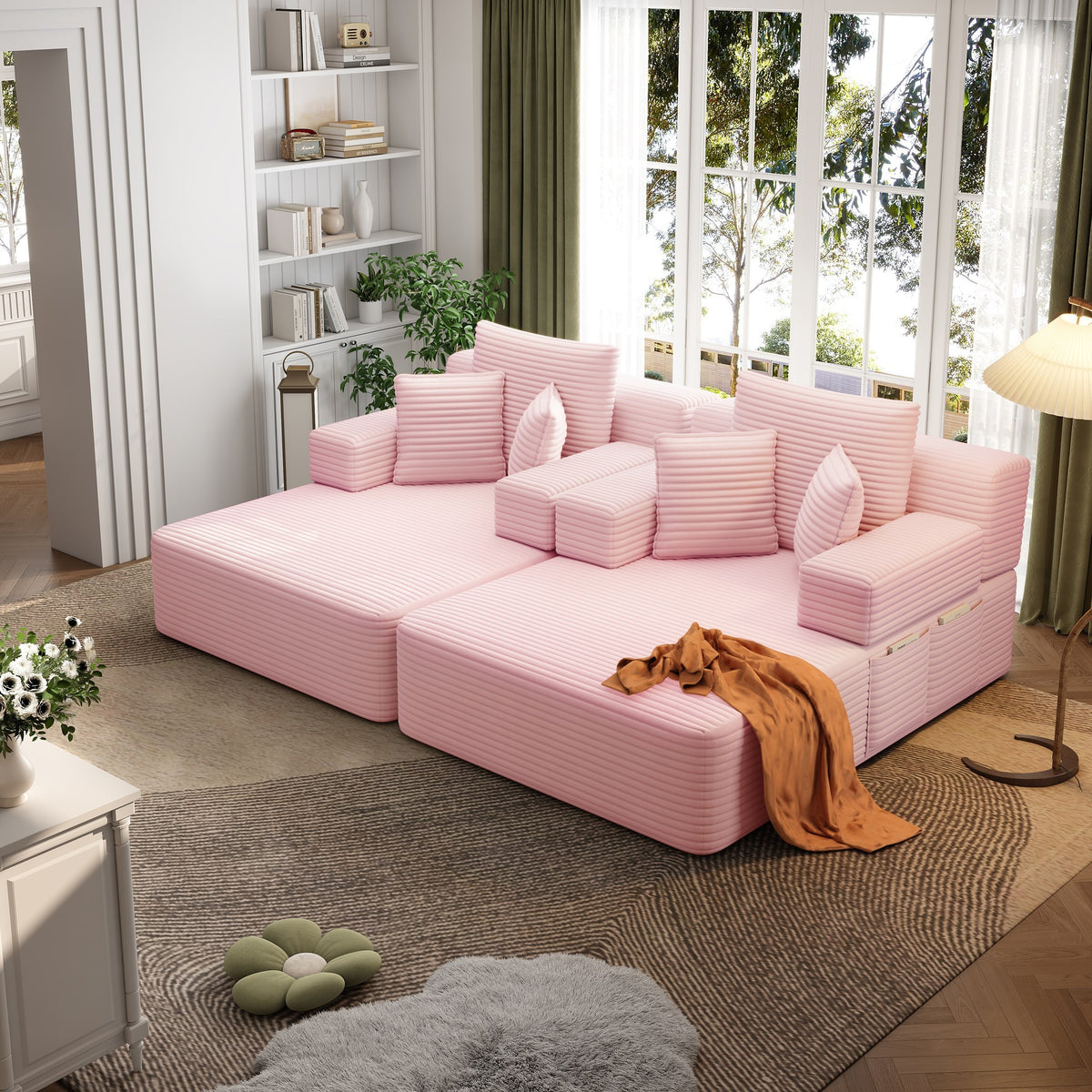 Baby Pink fabric boneless couch, 1 piece, seen across the room — Baby Pink / 1 Piece