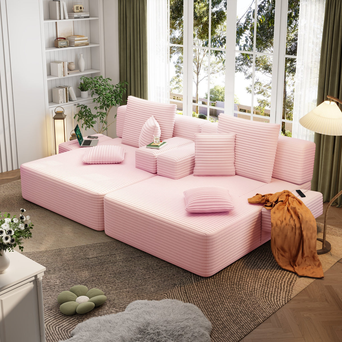 Baby Pink fabric boneless couch, 1 piece, in a bright living room setting — Baby Pink / 1 Piece