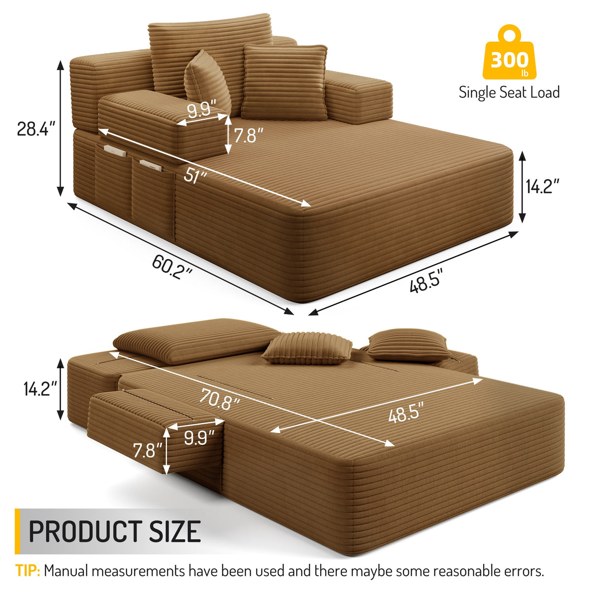 Measurements for the 1 piece fabric boneless couch — Camel / 1 Piece