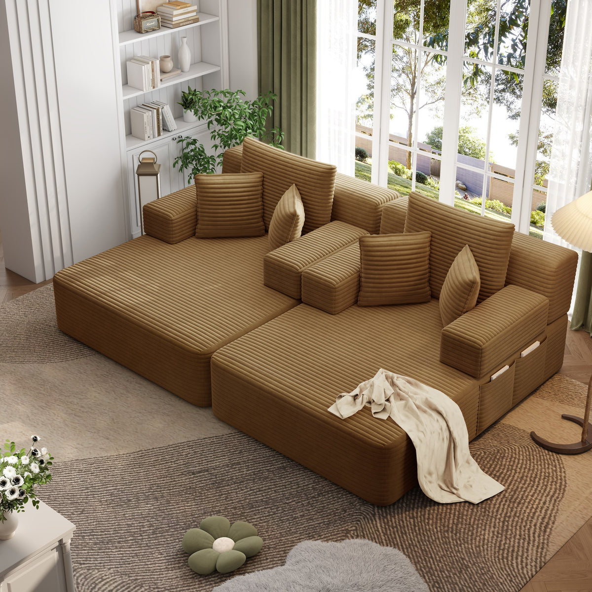 Camel fabric boneless couch, 1 piece, shown in a furnished room set — Camel / 1 Piece