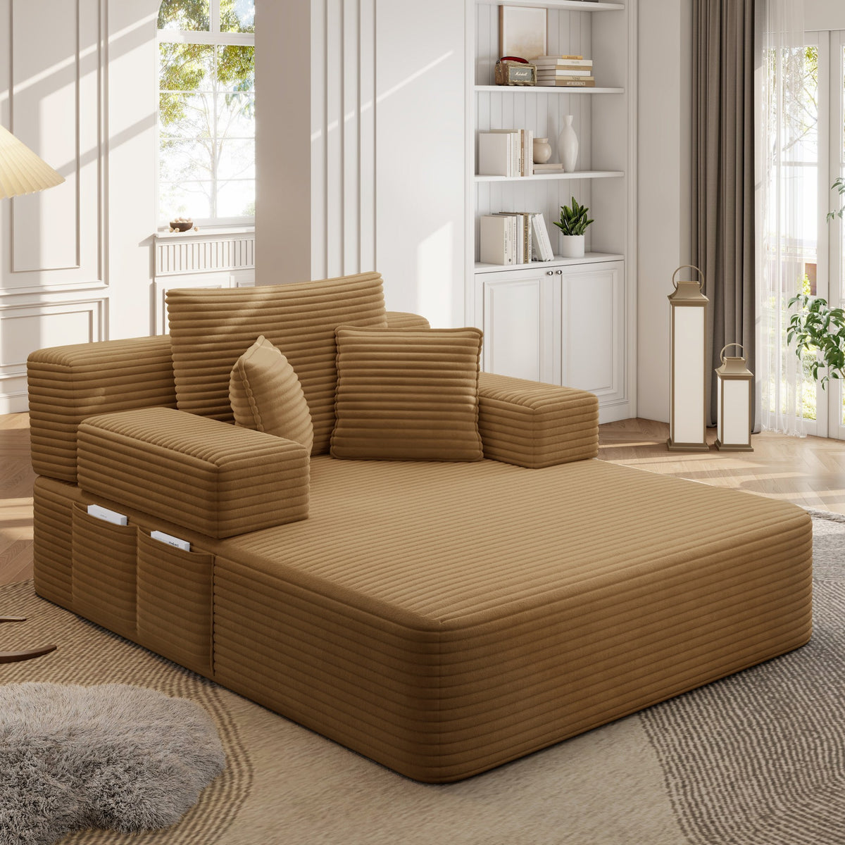 Camel fabric boneless couch, 1 piece, seen across the room — Camel / 1 Piece