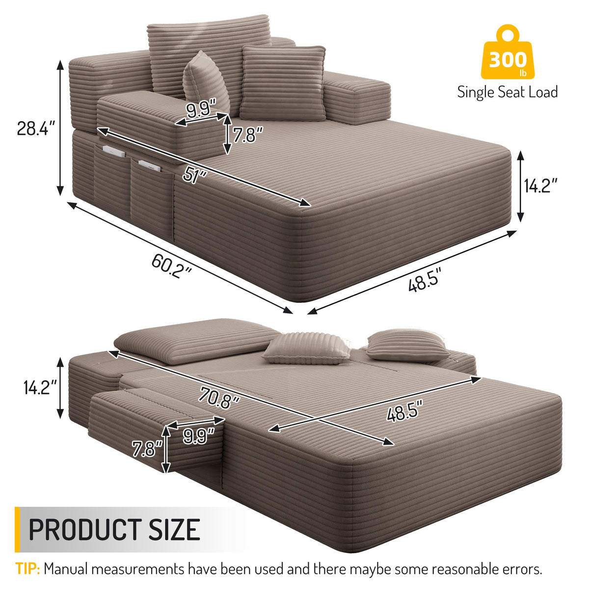 Measurements for the 1 piece fabric boneless couch — Coffee / 1 Piece