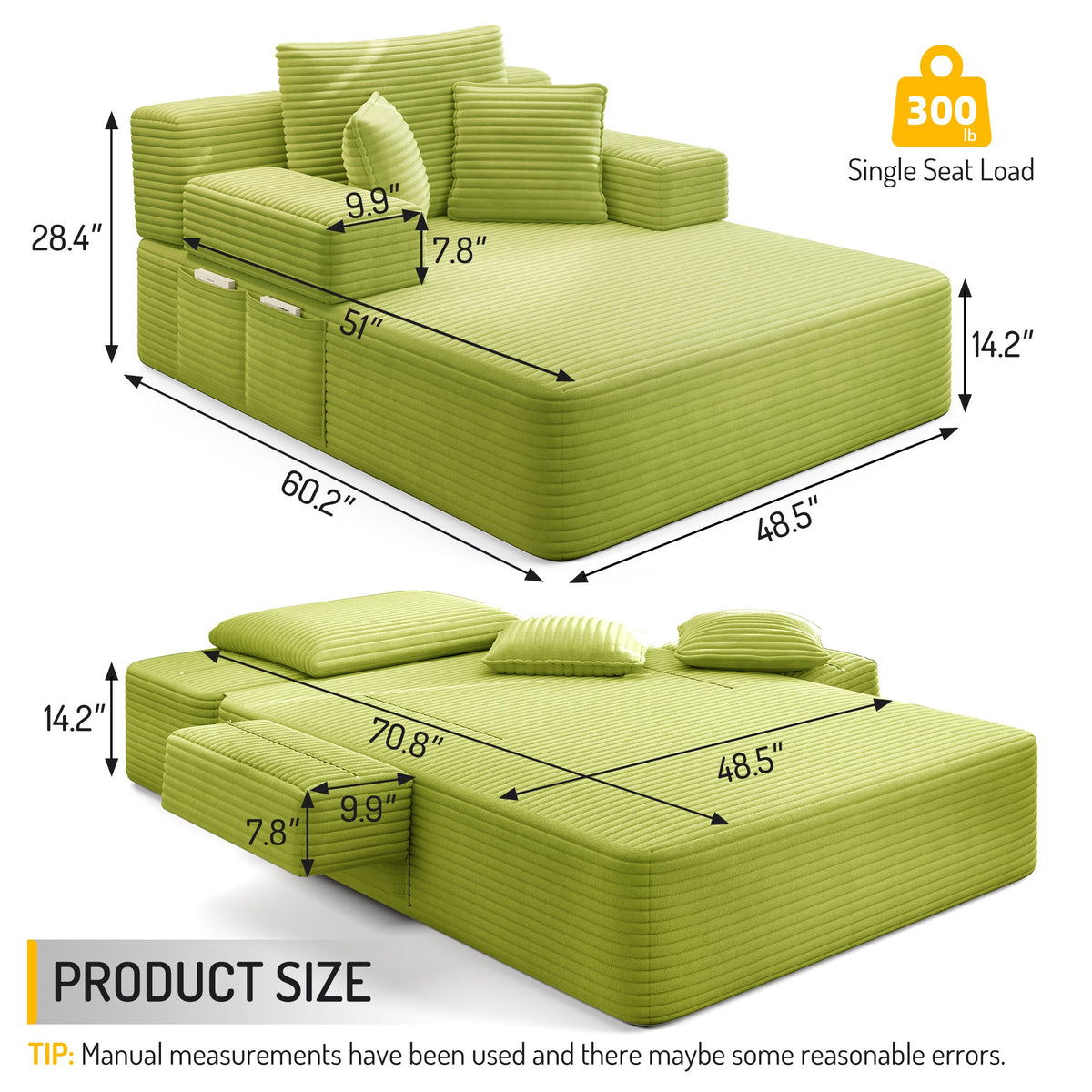 Measurements for the 1 piece fabric boneless couch — Green / 1 Piece