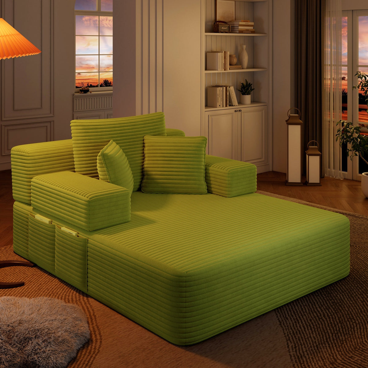Green fabric boneless couch, 1 piece, shown in a furnished room set — Green / 1 Piece